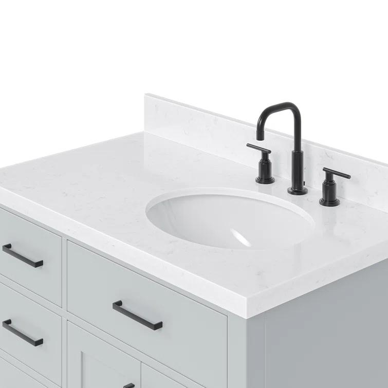 Thornaby 36'' Solid Wood Single Bathroom Vanity with 1.5'' Carrara Quartz Top, Left Offset Oval Sink