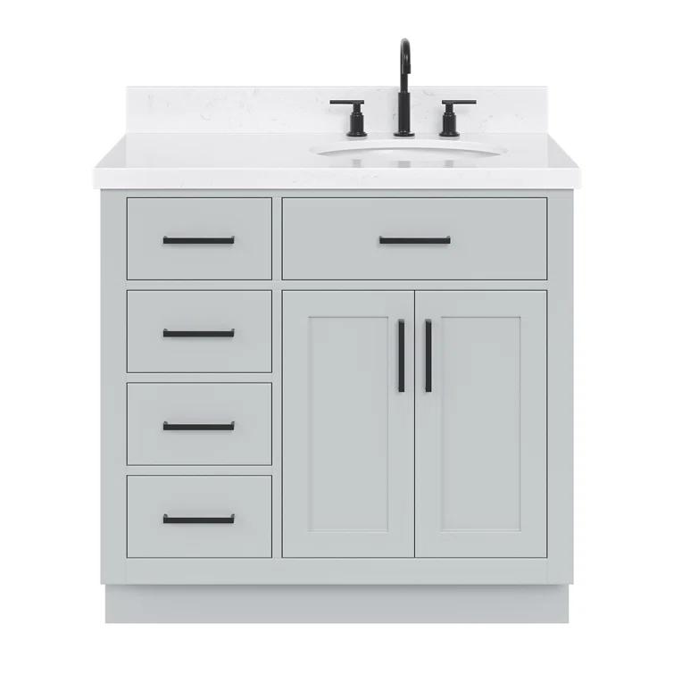 Thornaby 36'' Solid Wood Single Bathroom Vanity with 1.5'' Carrara Quartz Top, Left Offset Oval Sink
