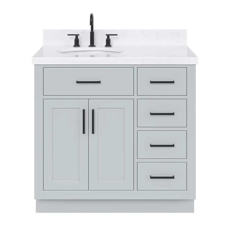 Thornaby 36'' Solid Wood Single Bathroom Vanity with 1.5'' Carrara Quartz Top, Left Offset Oval Sink