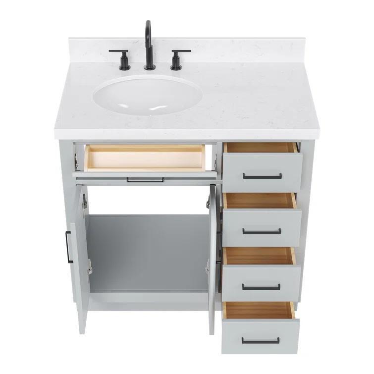 Thornaby 36'' Solid Wood Single Bathroom Vanity with 1.5'' Carrara Quartz Top, Left Offset Oval Sink
