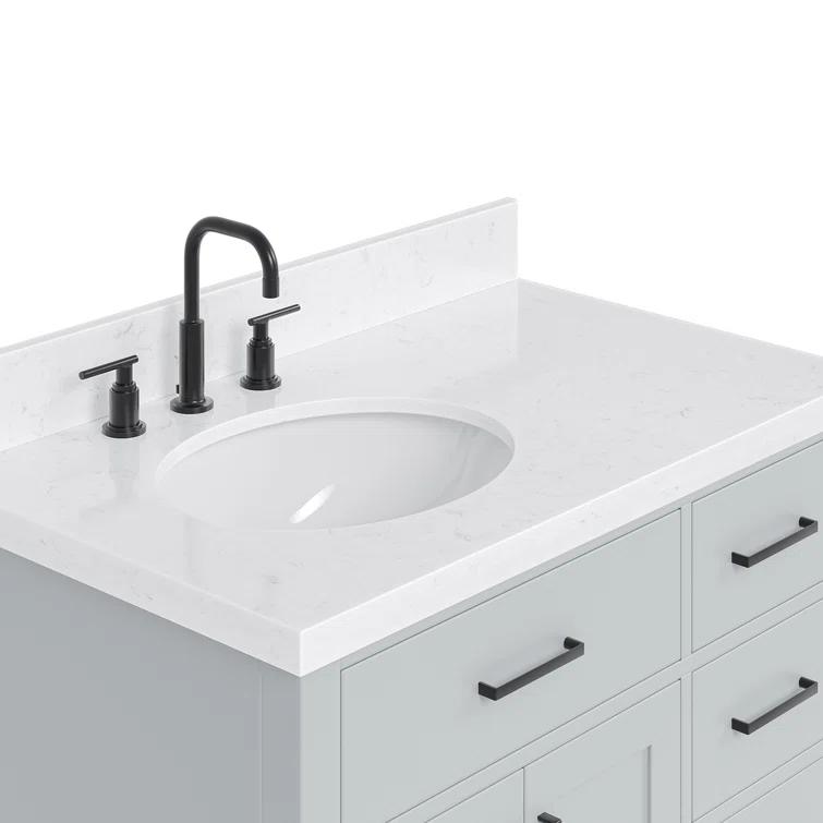 Thornaby 36'' Solid Wood Single Bathroom Vanity with 1.5'' Carrara Quartz Top, Left Offset Oval Sink