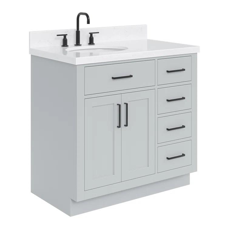 Thornaby 36'' Solid Wood Single Bathroom Vanity with 1.5'' Carrara Quartz Top, Left Offset Oval Sink
