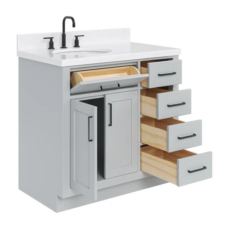 Thornaby 36'' Solid Wood Single Bathroom Vanity with 1.5'' Carrara Quartz Top, Left Offset Oval Sink