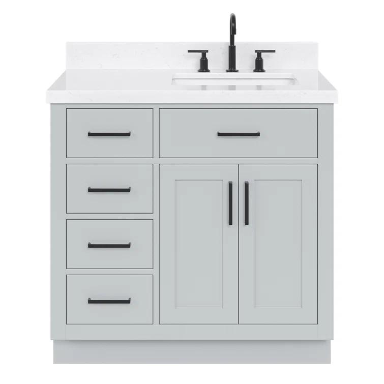 Thornaby 36'' Solid Wood Single Bathroom Vanity with 1.5'' Carrara Quartz Top, Left Offset Oval Sink