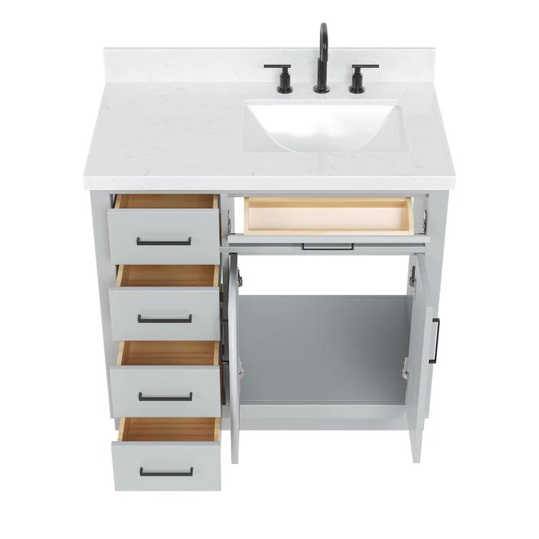 Thornaby 36'' Solid Wood Single Bathroom Vanity with 1.5'' Carrara Quartz Top, Left Offset Oval Sink