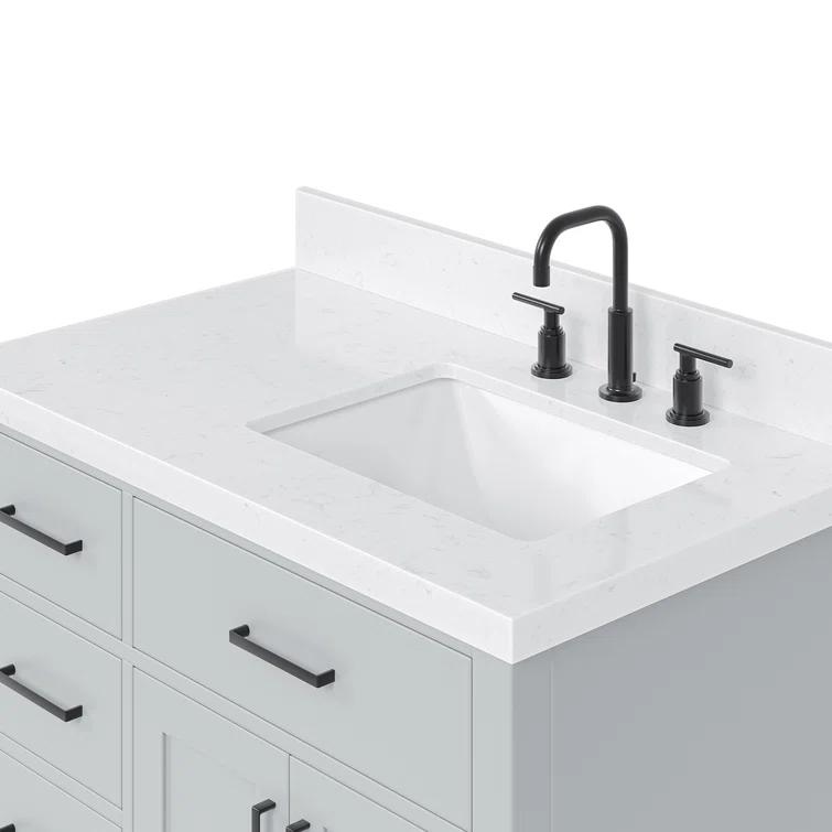 Thornaby 36'' Solid Wood Single Bathroom Vanity with 1.5'' Carrara Quartz Top, Left Offset Oval Sink