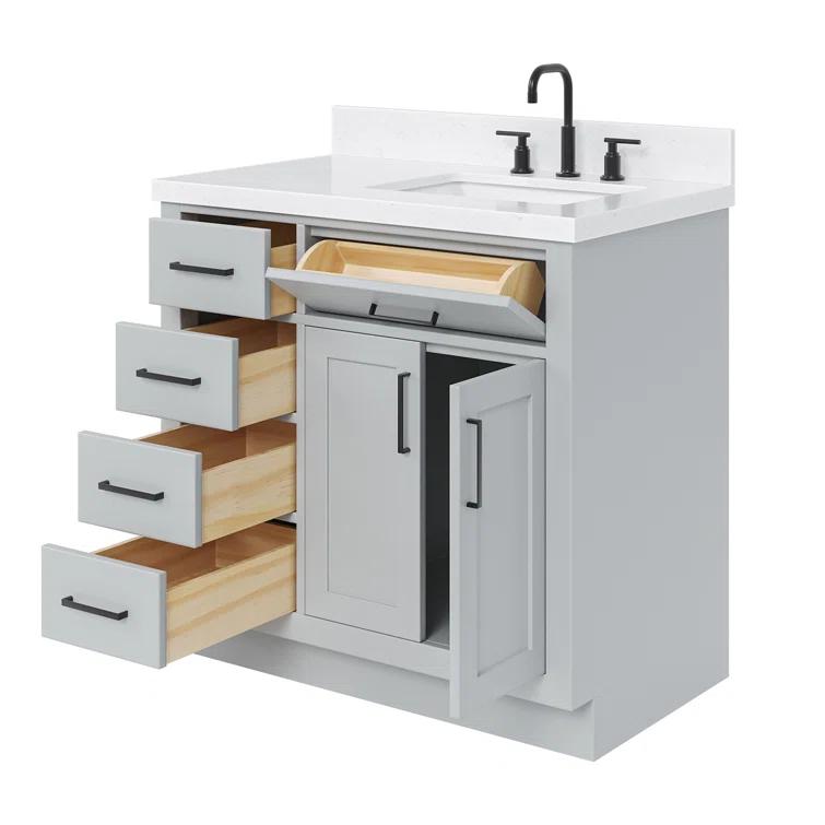 Thornaby 36'' Solid Wood Single Bathroom Vanity with 1.5'' Carrara Quartz Top, Left Offset Oval Sink