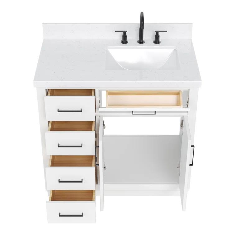 Wildon Home® Tidworth 36'' Solid Wood Single Bathroom Vanity with 1.5'' Carrara Quartz Top, Right Offset Rectangular Sink