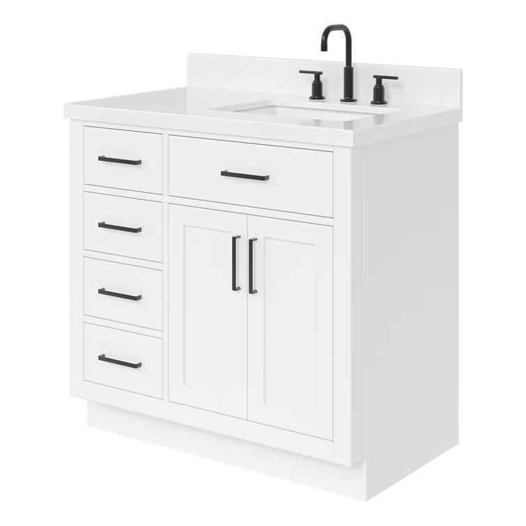 Wildon Home® Tidworth 36'' Solid Wood Single Bathroom Vanity with 1.5'' Carrara Quartz Top, Right Offset Rectangular Sink