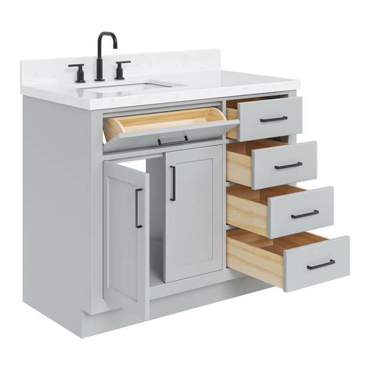 Wildon Home® Tidworth 42'' Solid Wood Single Bathroom Vanity with 1.5'' White Quartz Top, Right Offset Rectangular Sink
