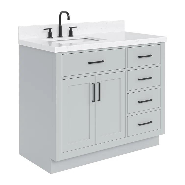 Wildon Home® Tidworth 42'' Solid Wood Single Bathroom Vanity with 1.5'' White Quartz Top, Right Offset Rectangular Sink