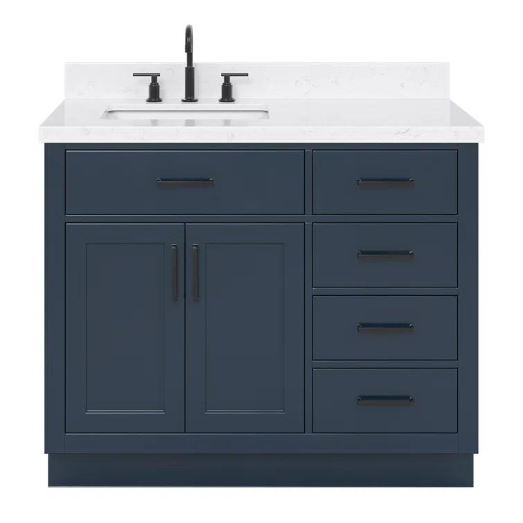 Hokku Designs Thornaby 42'' Solid Wood Single Bathroom Vanity with 1.5'' Carrara Quartz Top, Right Offset Oval Sink