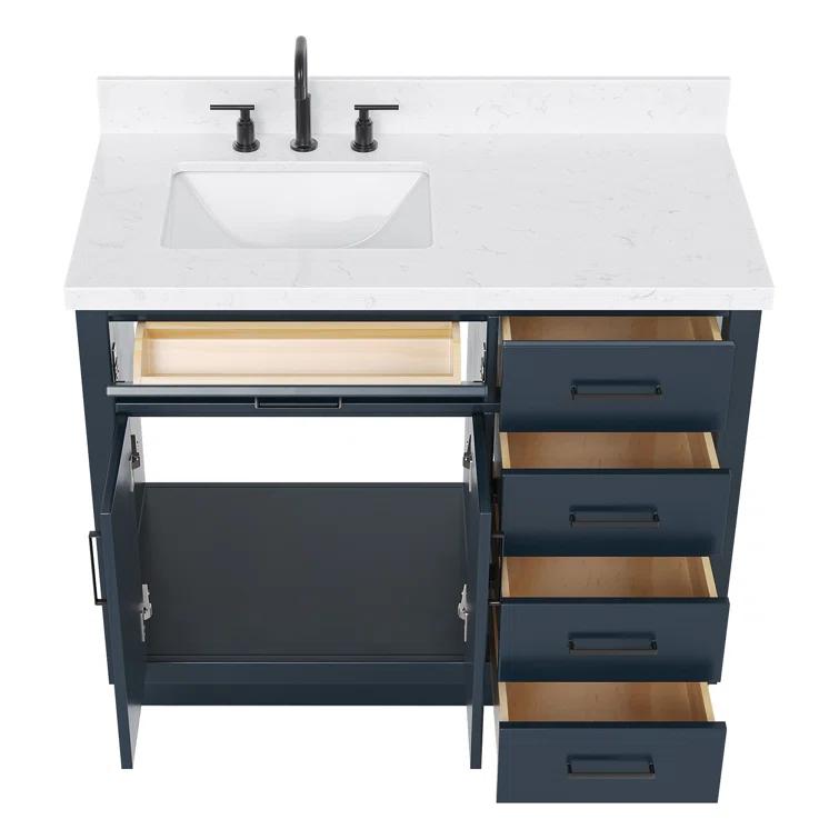 Hokku Designs Thornaby 42'' Solid Wood Single Bathroom Vanity with 1.5'' Carrara Quartz Top, Right Offset Oval Sink