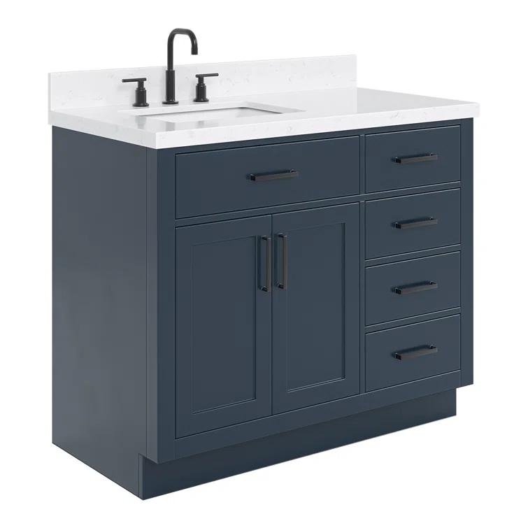 Hokku Designs Thornaby 42'' Solid Wood Single Bathroom Vanity with 1.5'' Carrara Quartz Top, Right Offset Oval Sink