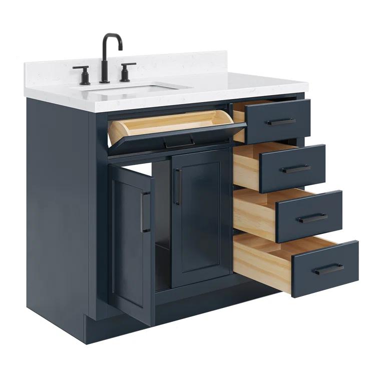 Hokku Designs Thornaby 42'' Solid Wood Single Bathroom Vanity with 1.5'' Carrara Quartz Top, Right Offset Oval Sink