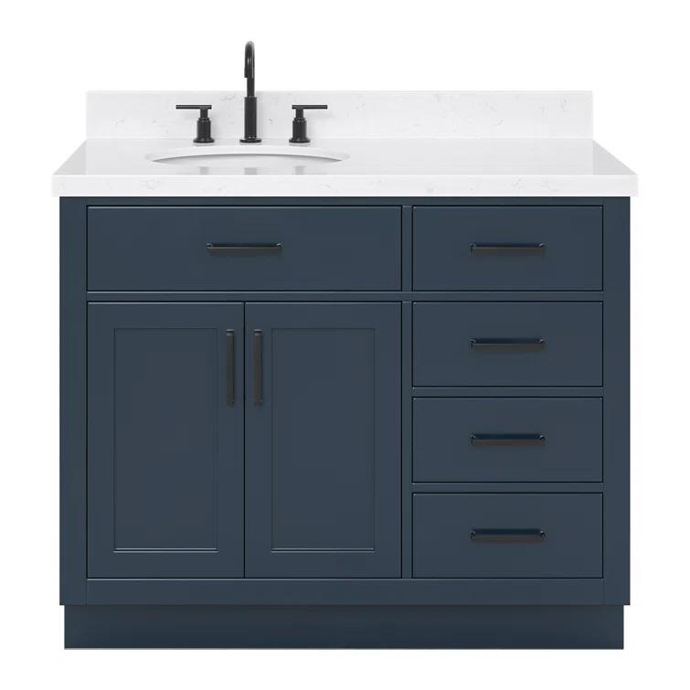 Hokku Designs Thornaby 42'' Solid Wood Single Bathroom Vanity with 1.5'' Carrara Quartz Top, Right Offset Oval Sink