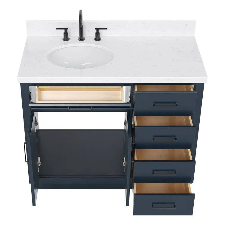 Hokku Designs Thornaby 42'' Solid Wood Single Bathroom Vanity with 1.5'' Carrara Quartz Top, Right Offset Oval Sink