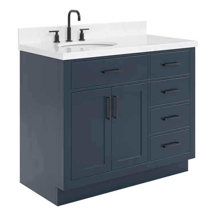 Hokku Designs Thornaby 42'' Solid Wood Single Bathroom Vanity with 1.5'' Carrara Quartz Top, Right Offset Oval Sink
