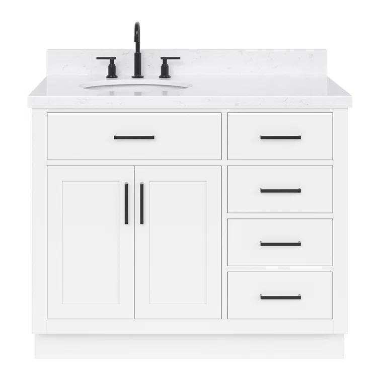 Hokku Designs Thornaby 42'' Solid Wood Single Bathroom Vanity with 1.5'' Carrara Quartz Top, Left Offset Oval Sink