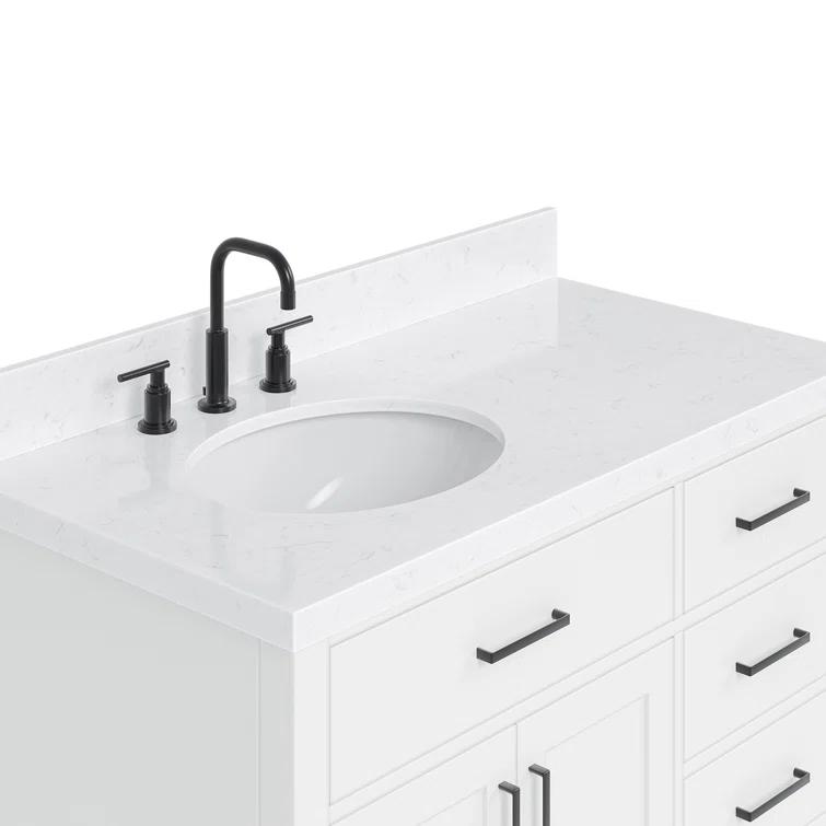 Hokku Designs Thornaby 42'' Solid Wood Single Bathroom Vanity with 1.5'' Carrara Quartz Top, Left Offset Oval Sink