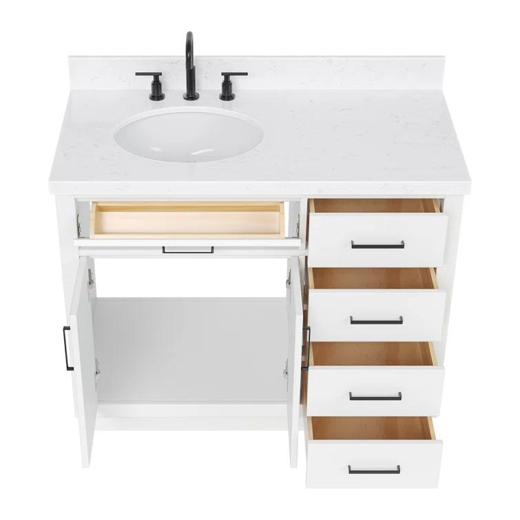 Hokku Designs Thornaby 42'' Solid Wood Single Bathroom Vanity with 1.5'' Carrara Quartz Top, Left Offset Oval Sink