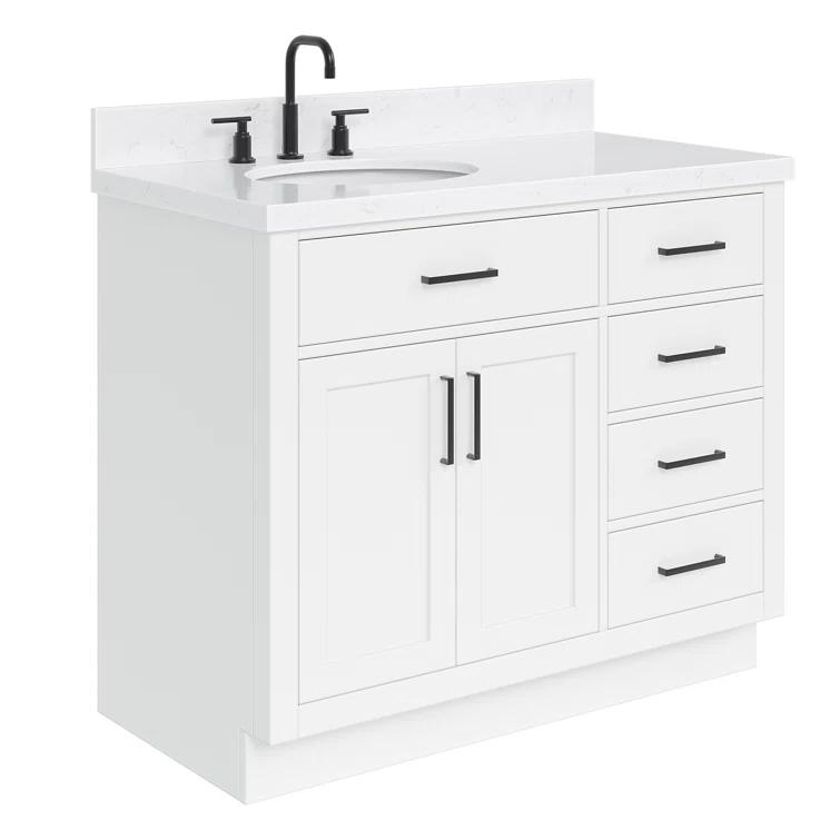 Hokku Designs Thornaby 42'' Solid Wood Single Bathroom Vanity with 1.5'' Carrara Quartz Top, Left Offset Oval Sink