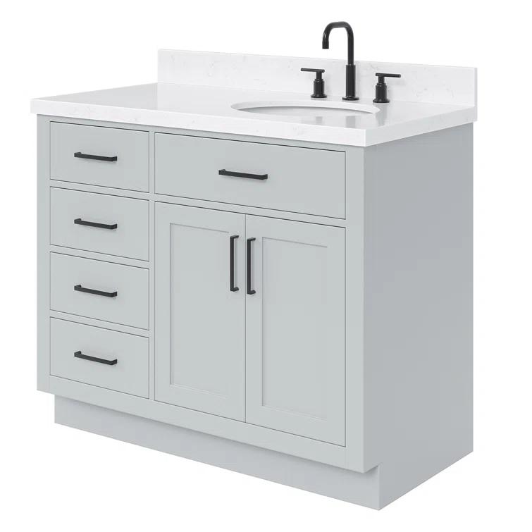 Wildon Home® Tidworth 42'' Solid Wood Single Bathroom Vanity with 1.5'' White Quartz Top, Right Offset Rectangular Sink