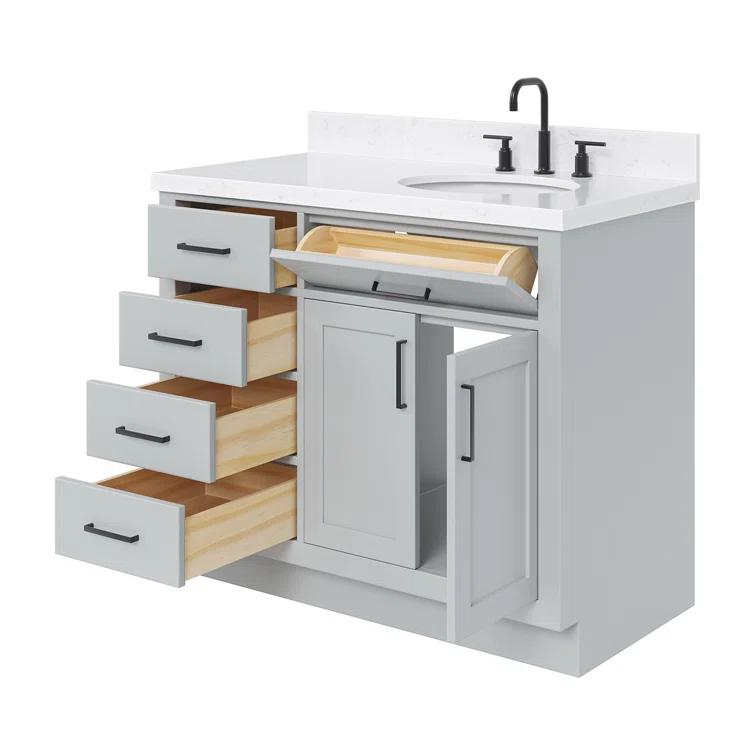 Wildon Home® Tidworth 42'' Solid Wood Single Bathroom Vanity with 1.5'' White Quartz Top, Right Offset Rectangular Sink