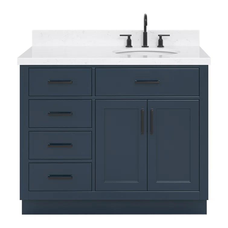 Hokku Designs Thornaby 42'' Solid Wood Single Bathroom Vanity with 1.5'' Carrara Quartz Top, Right Offset Oval Sink