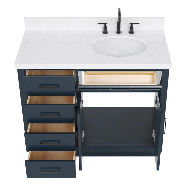 Hokku Designs Thornaby 42'' Solid Wood Single Bathroom Vanity with 1.5'' Carrara Quartz Top, Right Offset Oval Sink