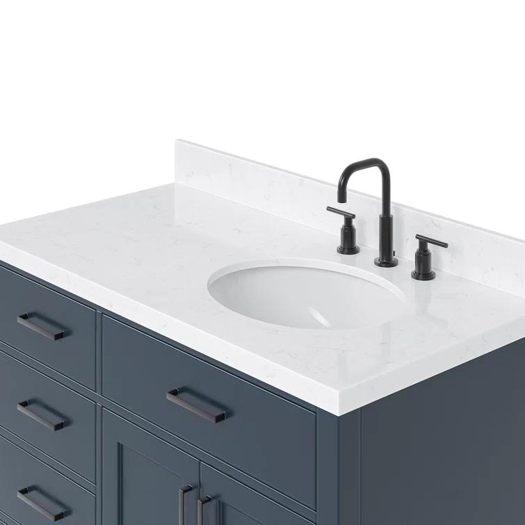 Hokku Designs Thornaby 42'' Solid Wood Single Bathroom Vanity with 1.5'' Carrara Quartz Top, Right Offset Oval Sink