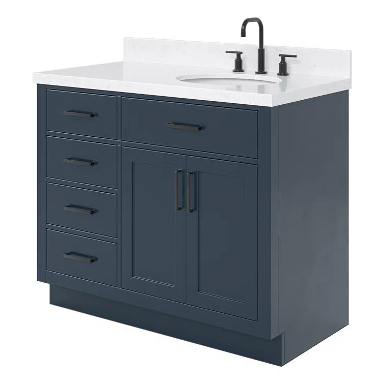 Hokku Designs Thornaby 42'' Solid Wood Single Bathroom Vanity with 1.5'' Carrara Quartz Top, Right Offset Oval Sink