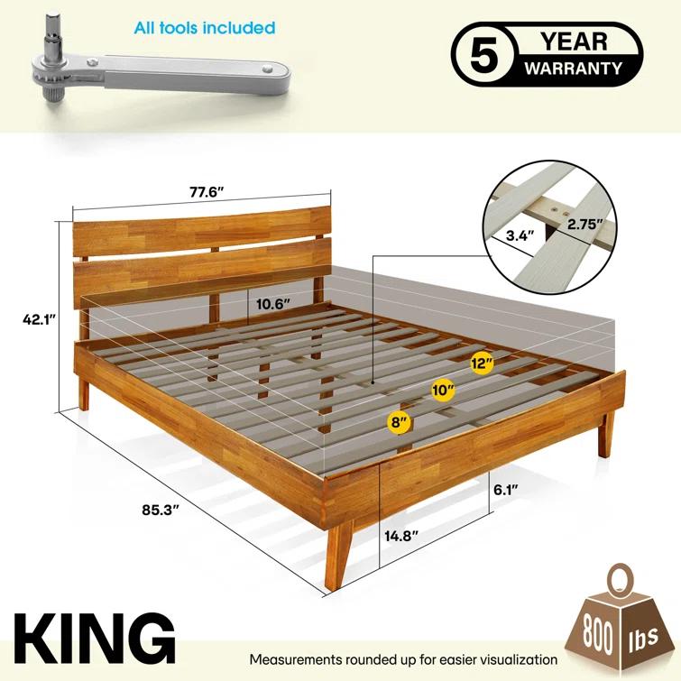 Acacia Aurora Premium Solid Wood Platform Bed Frame and High Headboard, King Bed Frame with Headboard Included, Mid Century Modern Bed with 5 years Warranty