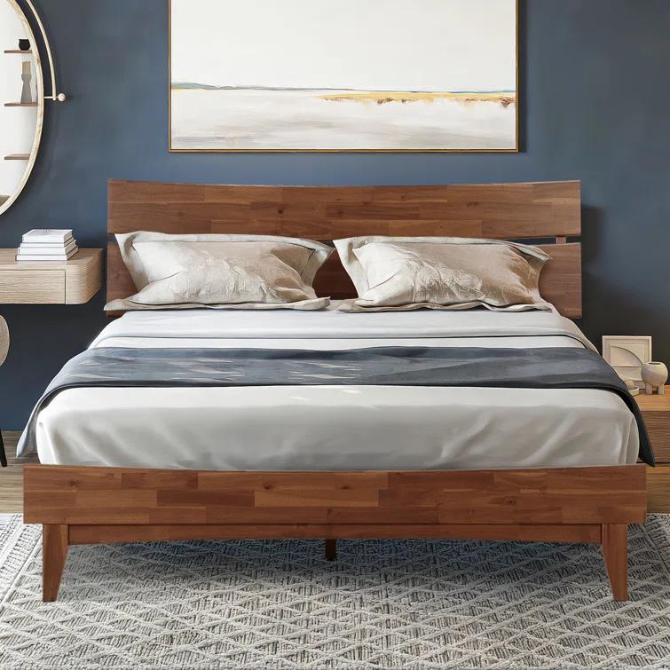 Acacia Aurora Premium Solid Wood Platform Bed Frame and High Headboard, King Bed Frame with Headboard Included, Mid Century Modern Bed with 5 years Warranty