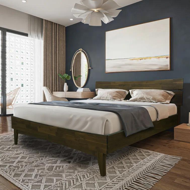 Acacia Aurora Premium Solid Wood Platform Bed Frame and High Headboard, King Bed Frame with Headboard Included, Mid Century Modern Bed with 5 years Warranty