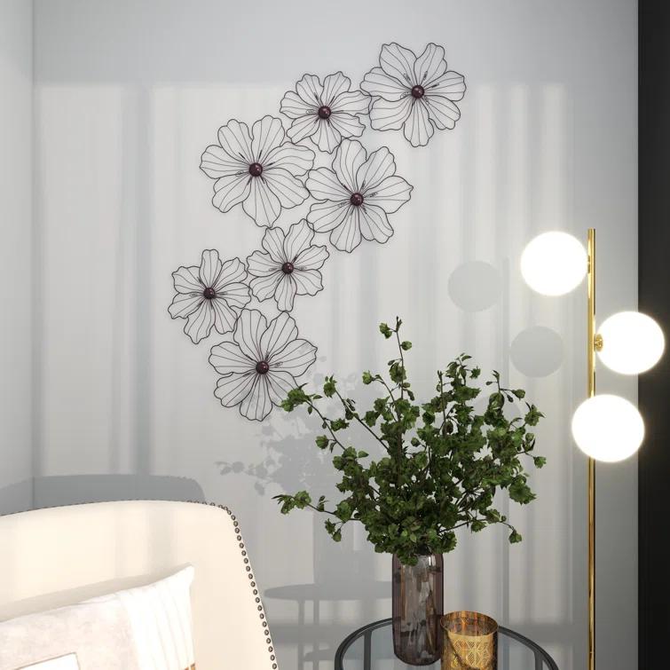 Metal Wire Foiled Floral Home Wall Decor with Scroll Accents