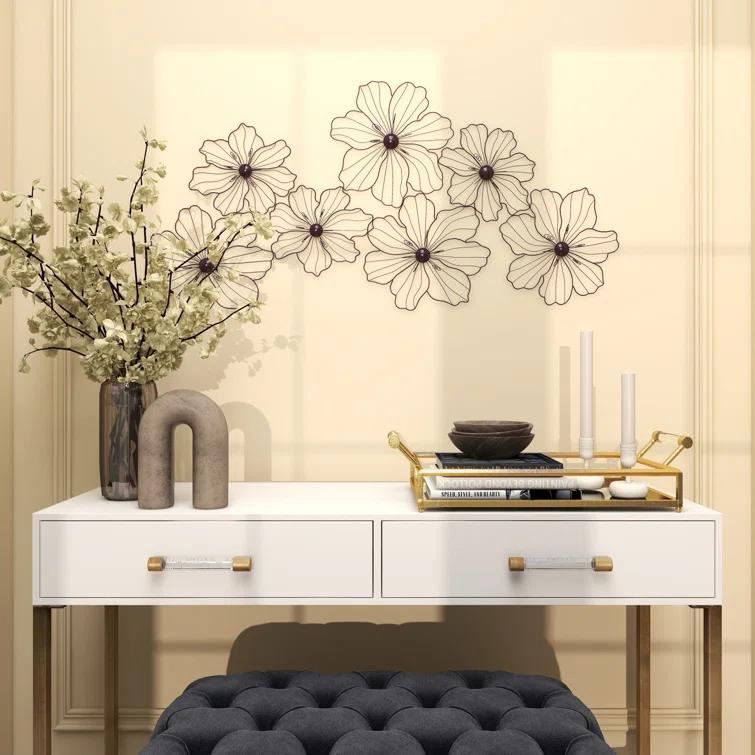 Metal Wire Foiled Floral Home Wall Decor with Scroll Accents
