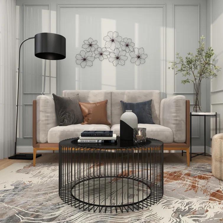 Metal Wire Foiled Floral Home Wall Decor with Scroll Accents