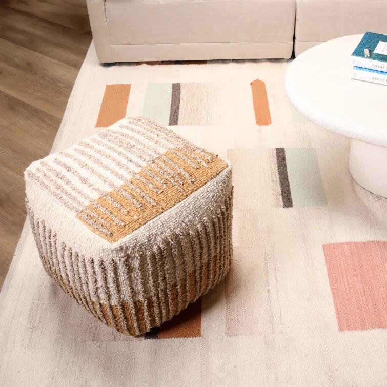 Eugene Mustard and Beige Handwoven Wool Pouf
