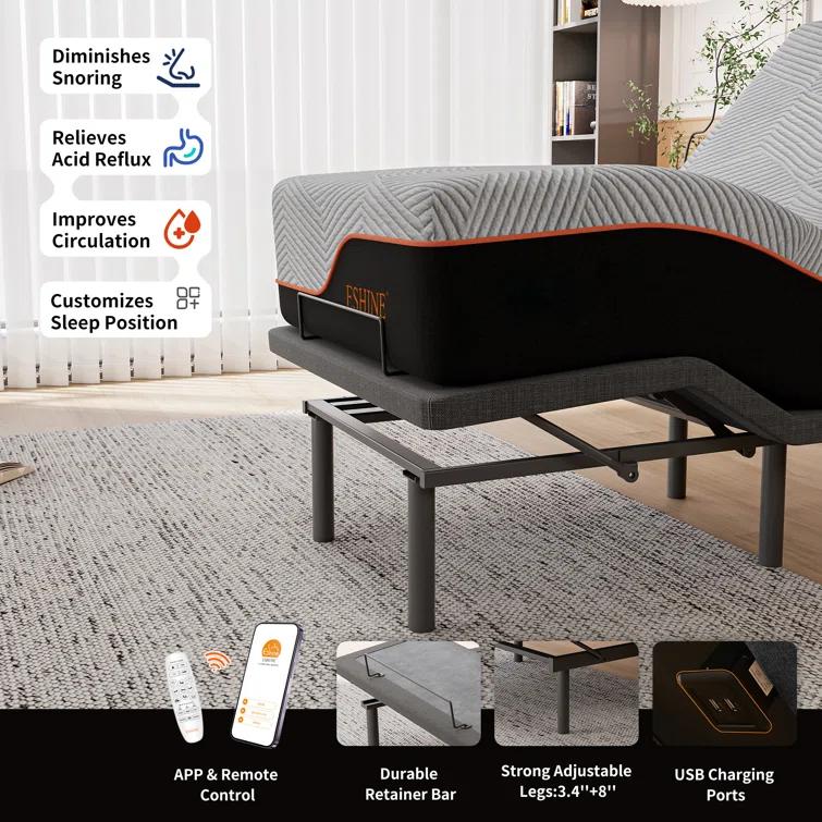 E3100 Zero Gravity Adjustable Bed, Massage, Wireless Remote & App Control, 14'' Ultra-Plush Black Mattress Included