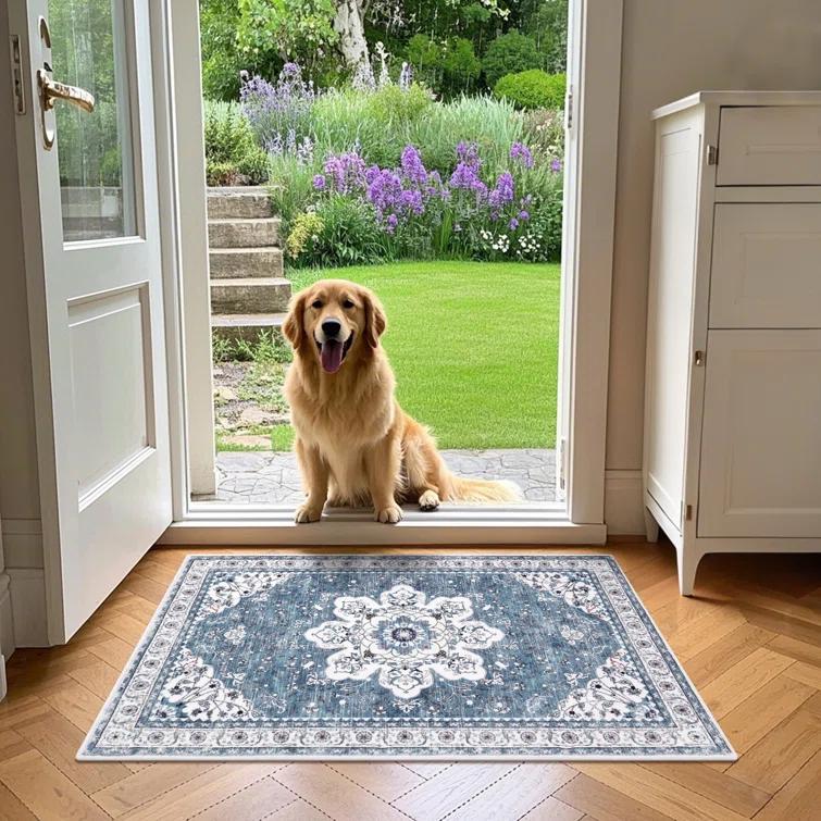 Machine Washable Non-Slip Blue Oriental Area Rug