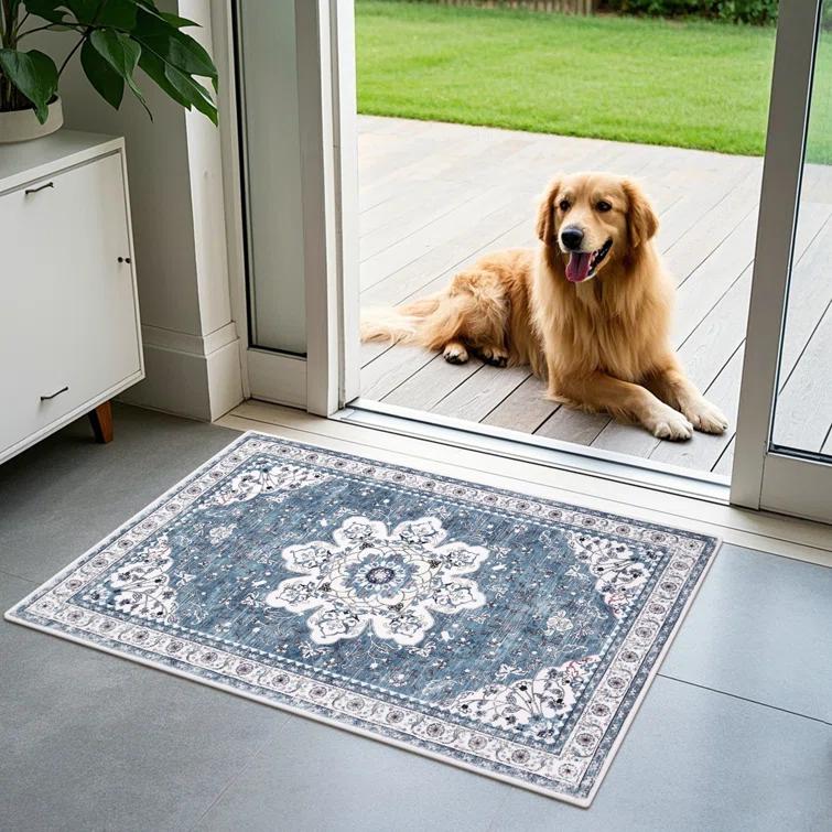 Machine Washable Non-Slip Blue Oriental Area Rug