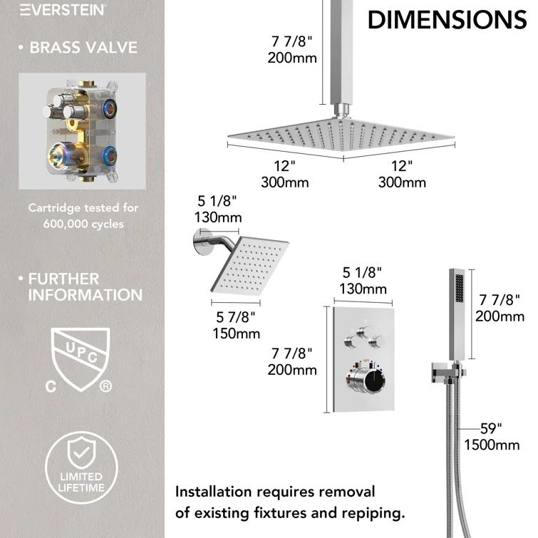 Thermostatic Shower Faucet 12" High-Pressure Dual Showerheads with Rough-In Valve