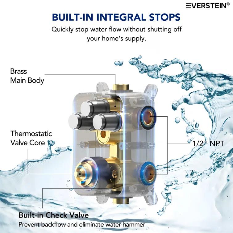 EVERSTEIN Thermostatic Rainfall Shower Faucet, 12-Inch High-Pressure Dual Showerheads System with Rough-In Valve SFS1007-NK12