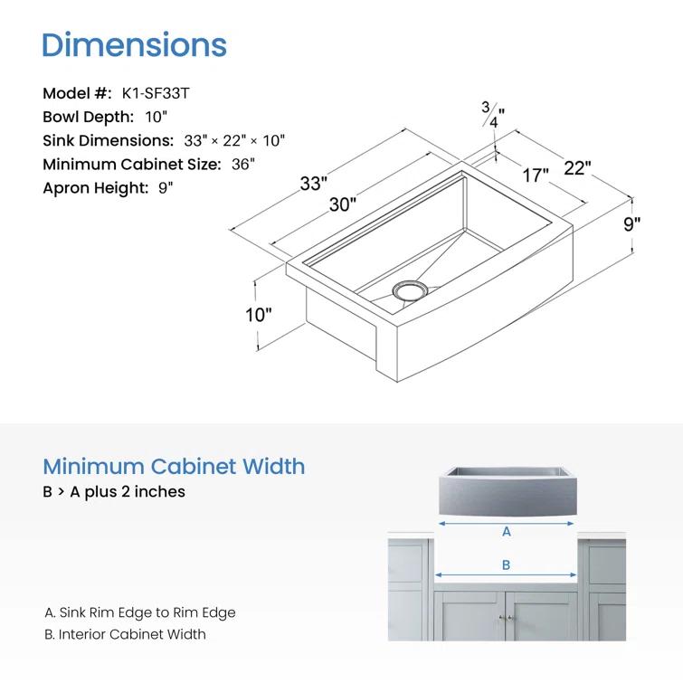KIBI 33'' L Farmhouse / Apron Single Bowl Stainless Steel Kitchen Sink K1-SF33T