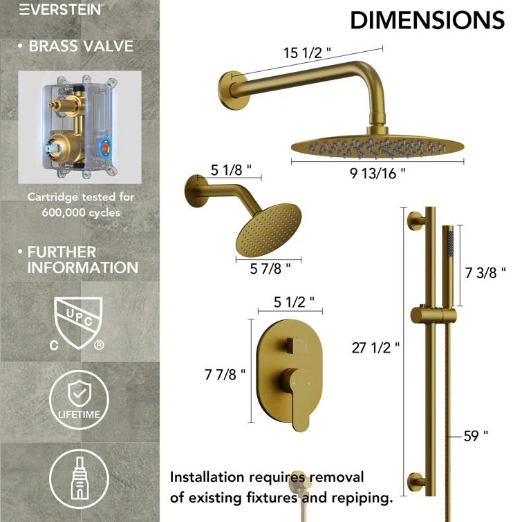 DualJetSpa 3-Function Round 10" & 6" Dual Shower Faucet System with Pressure Balancing Rough-In Valve