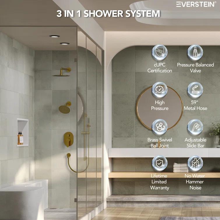 DualJetSpa 3-Function Round 10" & 6" Dual Shower Faucet System with Pressure Balancing Rough-In Valve