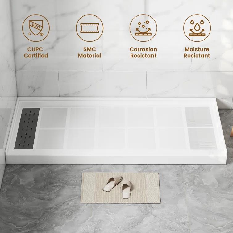 CASAINC 60"W 30/32"D Single Threshold SMC Shower Base Anti-Slip Shower Pan with Drain Assembly & Drain Cover CABR2501WH6030L