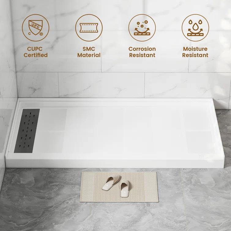 CASAINC CABR2501WH6032L GranVía 60"W X 32"D Single Threshold Shower Base Anti-Slip Shower Pan, Drain Assembly & Drain Cover Included