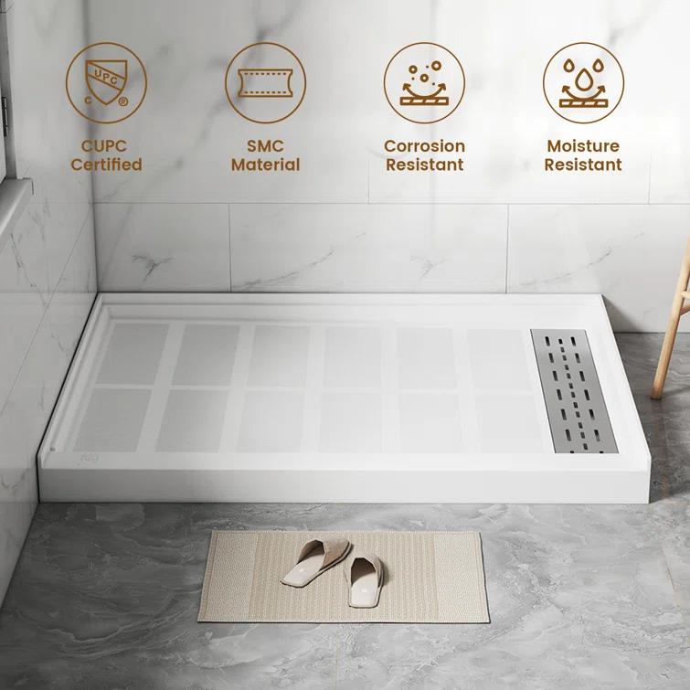 CASAINC 60"W 30/32"D Single Threshold SMC Shower Base Anti-Slip Shower Pan with Drain Assembly & Drain Cover CABR2501WH6030R